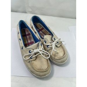 L.L.Bean Boat Shoes Womens‎ Size 6M Cream Blue Canvas Flats Lace Up Outdoor